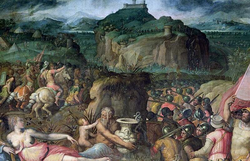 Осада Сан-Лео. Джорджо Вазари (1511-1574). Крепость Сан-Лео, расположенная в области Эмилио-Романья, была в составе Лангобардского королевства с XIII по XV века. В средние века за обладание неприступным фортом Сан-Лео боролись византийцы, готы, франки и лангобарды. На полотне изображен момент осады крепости в 1516 году войсками Флоренции под предводительством Антонио Рикасоли.