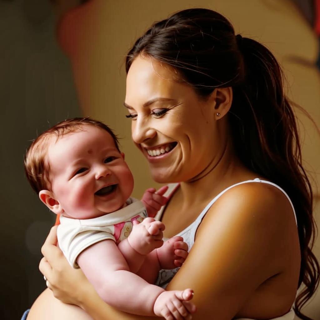 Улыбающаяся беременная женщина, обнимающая своего новорожденного ребенка – символ радости материнства.