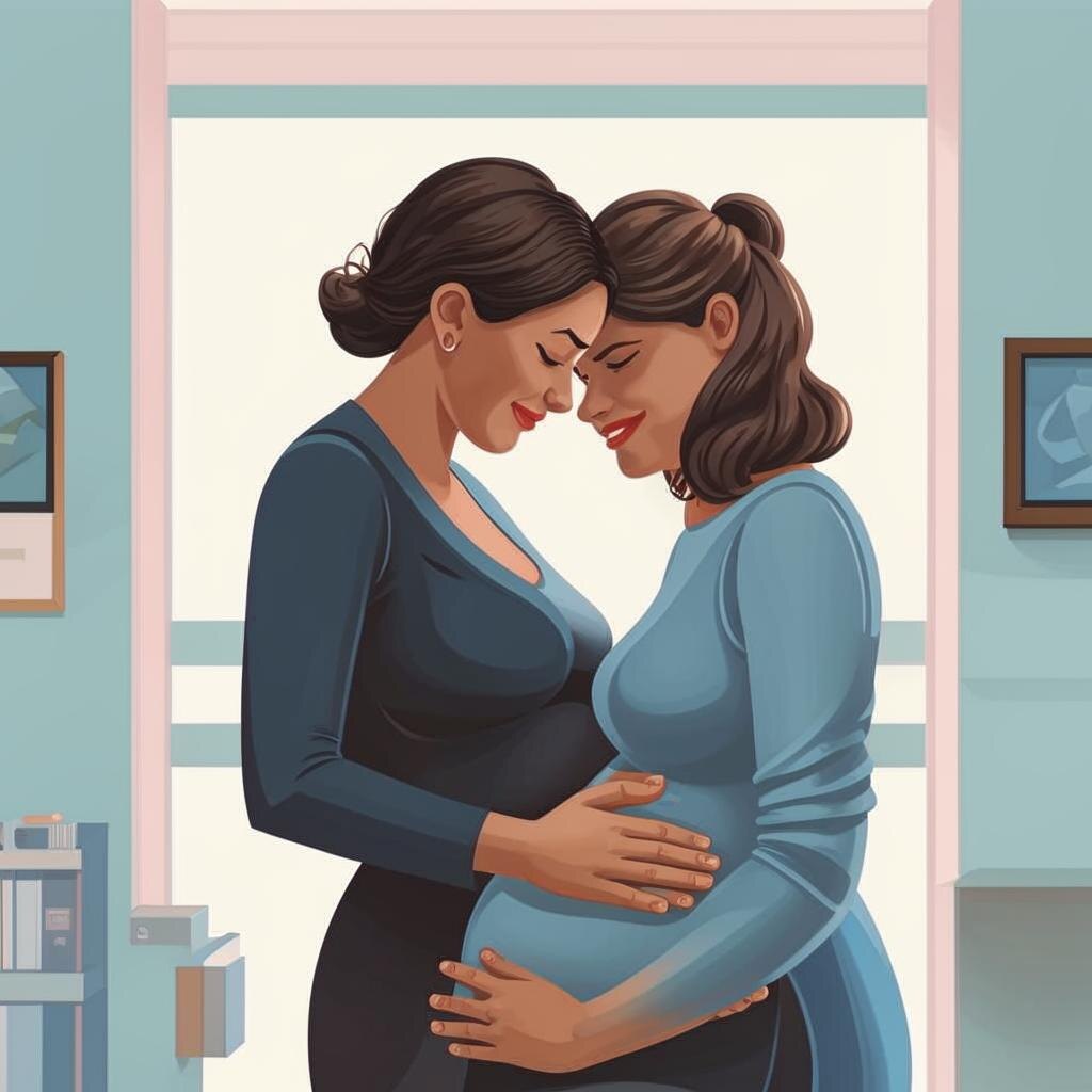 Психолог-женщина, держащая за руку и поддерживающая будущую маму в роддоме – образ защиты и заботы.