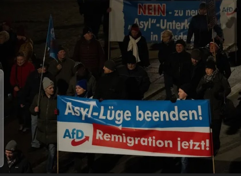 "Закончить ложь с мигрантами! Немедленная высылка!" - написано на плакате