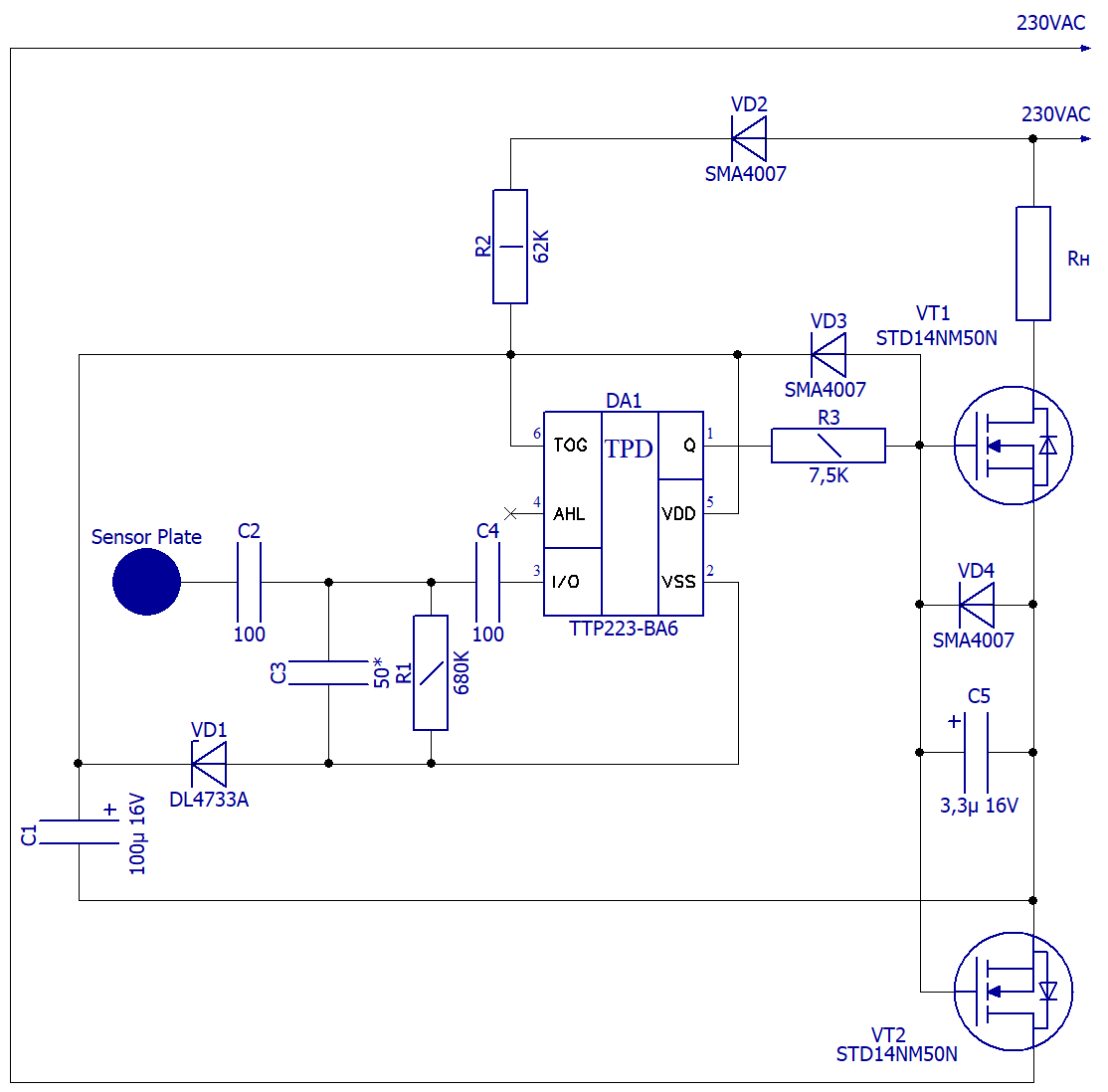 Схема электрическая принципиальная сенсорного выключателя на микросхеме TTP223