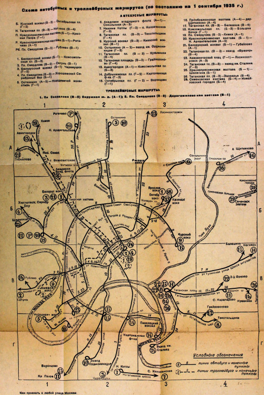 Схема  движения городского транспорта в Москве из справочника 1934 года 