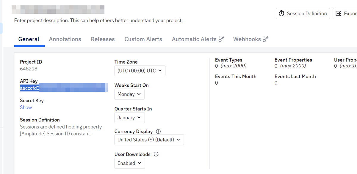 Настройки проекта в Амплитуде, где мы забираем API KEY