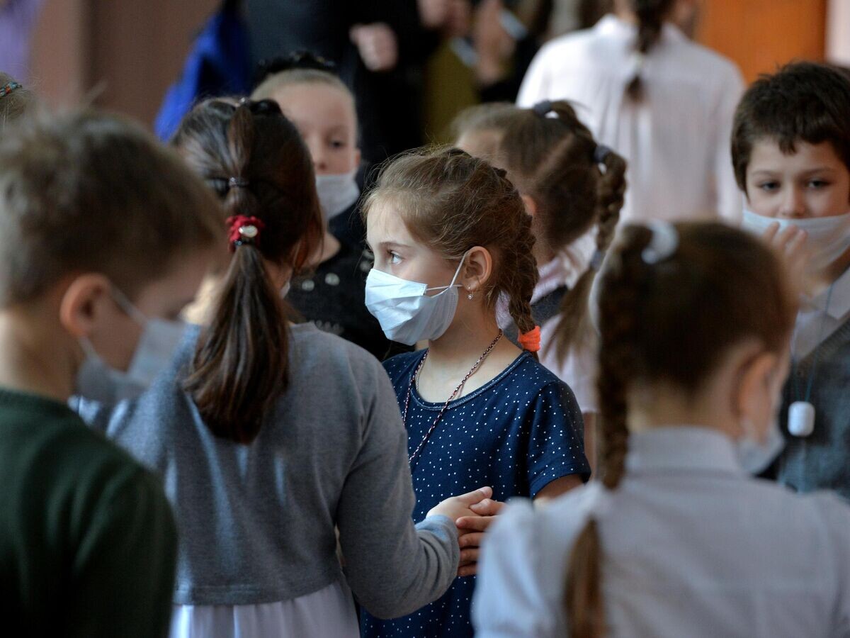    Ученики гимназии в Челябинске в медицинских масках в целях профилактики заболевания гриппом и ОРВИ© РИА Новости / Александр Кондратюк