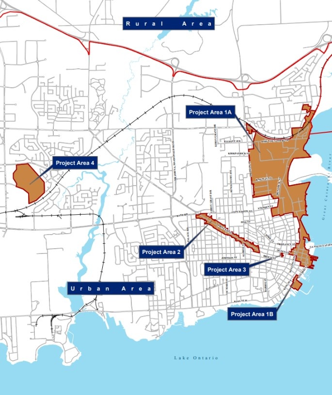 Рисунок 1. Действующая программа г. Кингстон (Канада). На карте города обозначены области, которые попадают под программу. Источник: официальный сайт г. Кингстон https://www.cityofkingston.ca/documents/10180/19597/CIP+Map+1+-+Key+Map.pdf/ec5b091b-fa87-4850-80ff-2a34347b3a47
