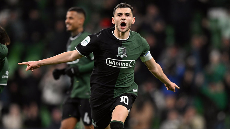    Полузащитник «Краснодара» Эдуард Сперцян прагзднует гол в матче РПЛ против «Оренбурга» 3 ноября 2024 года.ФК «Краснодар»