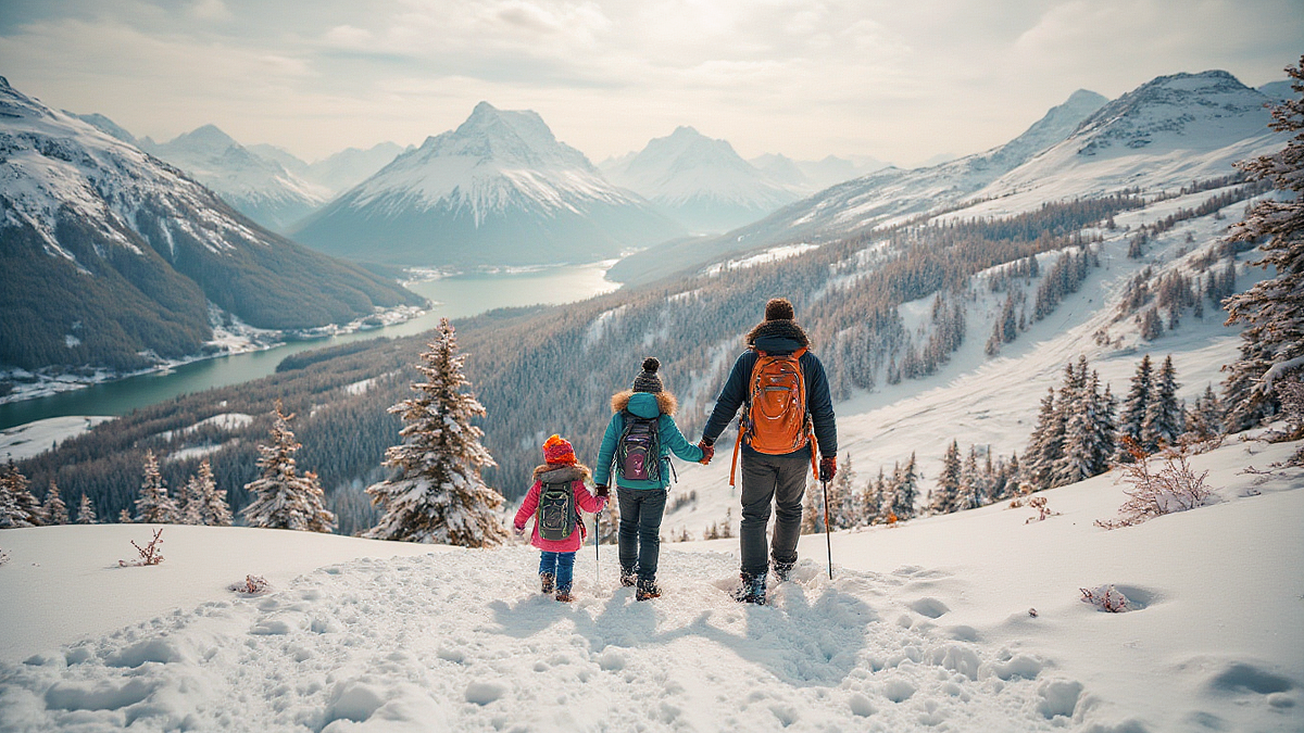 Турист с рюкзаком на склоне горы.