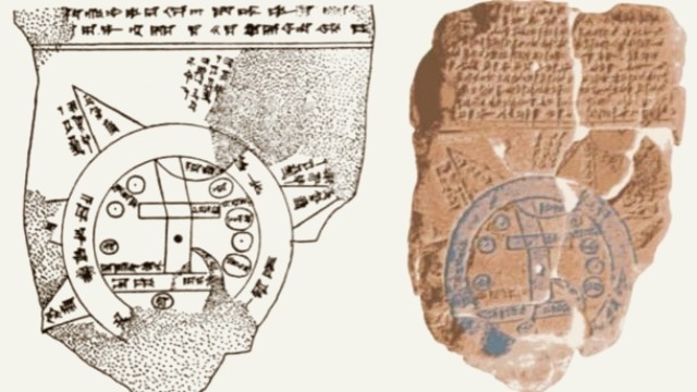 Карта вавилонской космологии. Слева: рисунок Б. Мейсснера на вавилонском и ассирийском языках, 1925 г. Справа: вавилонская карта мира с искажёнными цветами. (Слева: Бруно Мейсснер/Общественное достояние, справа: FlorinCB/CC0)