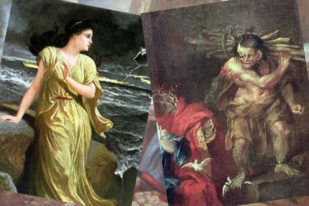 "Миранда, наблюдая за бурей" (1888), Фредерик Гудолл; Уильям Хогарт. Калибан, фрагмент. Ок. 1736.