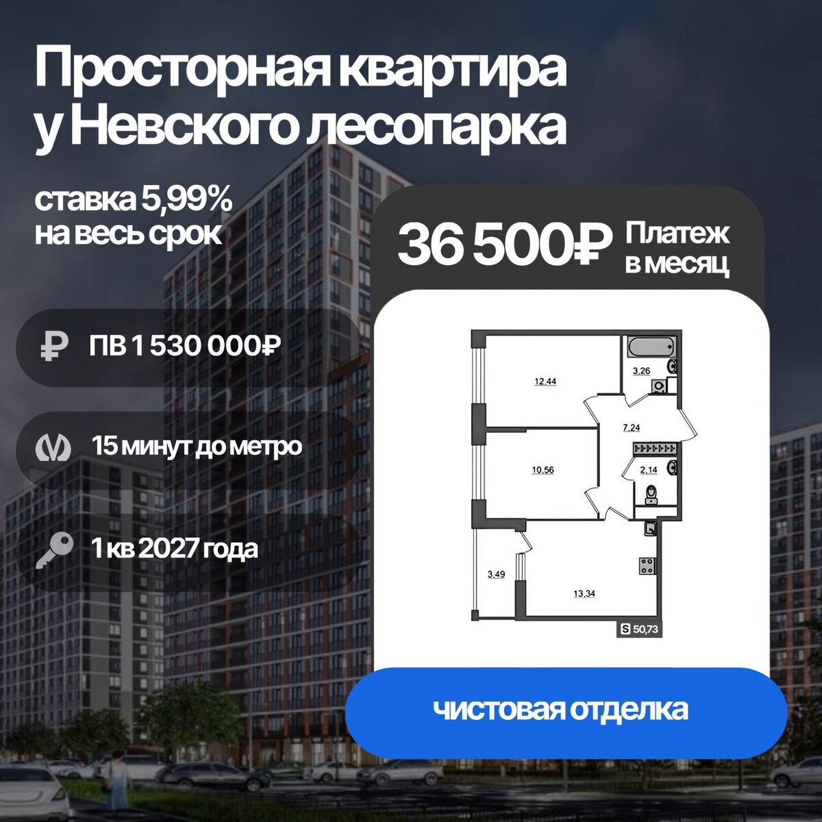 Просторная квартира у Невского лесопарка