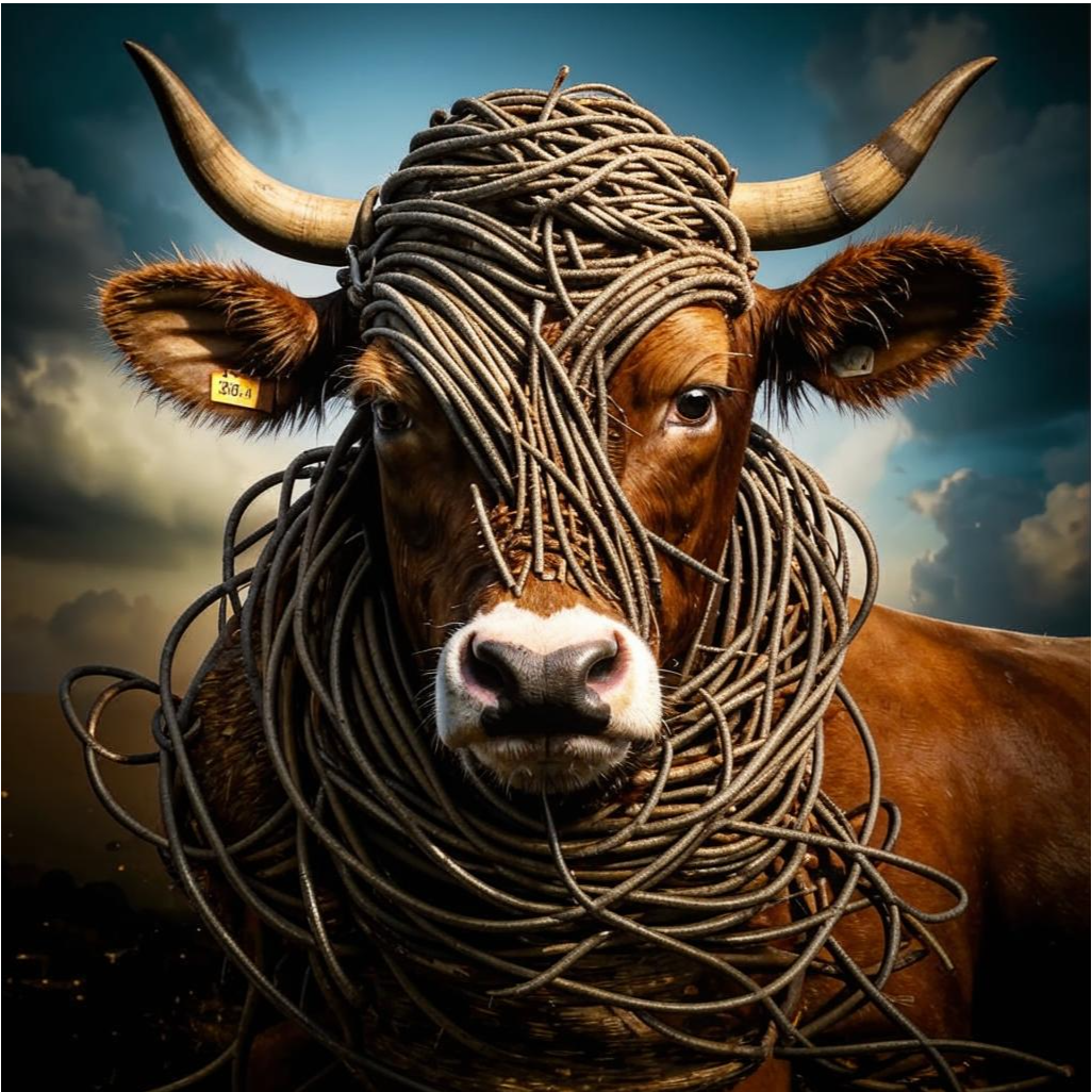 Изображение создано нейросетью Kandinsky , правообладатель ПАО Сбербанк Такой видит спутанную корову ИИ.