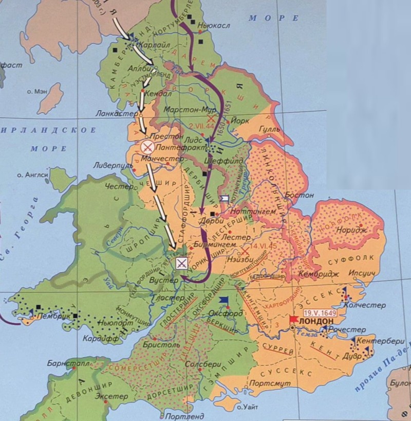 На карте скоплениями черных точек показаны районы восстаний 1648 года, белые стрелки показывают вторжение шотландцев.