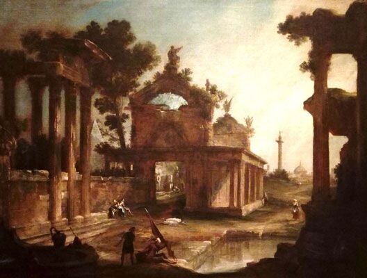 Каналетто: Veduta ideata с римскими руинами, 1720-21, холст, масло, частная коллекция.   Каналетто драматизировал свои исторические картины с помощью небольшого количества фигурок. На переднем плане картины Каналетто доминируют древнеримские памятники, находящиеся в различной степени разрушения. На картине изображено несколько случайных фигур. На заднем плане, вдоль реки Тибр, видны архитектурные сооружения, в том числе знаменитая колонна Траяна и едва заметный купол замка Святого Ангела.Эта картина является ранним примером того, к чему обратился Каналетто после того, как решил отказаться от театральных декораций. Превосходное владение Каналетто перспективой - техникой, разработанной в традициях Ренессанса его родной Италии. Искусствовед Божена Анна Ковальчик объясняет его мастерство владения перспективой временем, проведенным за работой в театре: "точная перспектива ad angolo [под углом], в соответствии с правилами театральной сценографии [...] определяет расположение зданий в пространстве".  В то время как более поздние картины и рисунки Каналетто отдавали предпочтение более натуралистичным изображениям городских пейзажей, здесь мы все еще видим явное предзнаменование стиля ведуте, благодаря которому он стал наиболее известен.