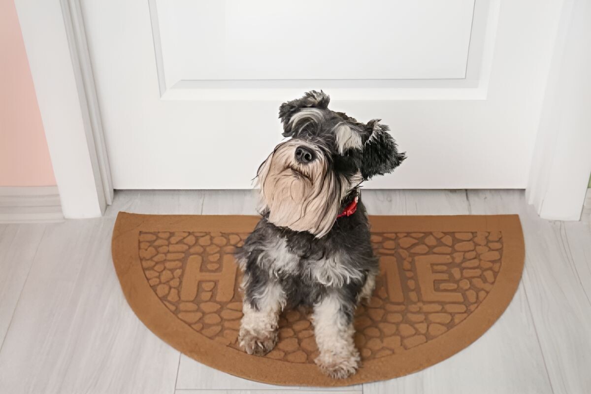 Собачка ждёт хозяина у двери 