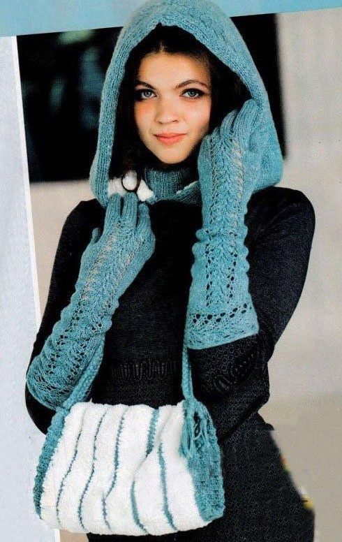 Тут предложен сразу комплект: капюшон, перчатки и муфта Вязание для Вас