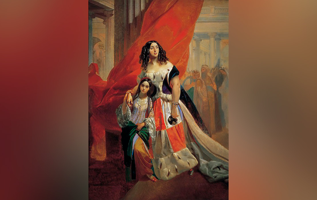 На фото: Карл Брюллов. Портрет графини Ю.П. Самойловой удаляющейся с бала с приёмной дочерью Амацилией Пачини