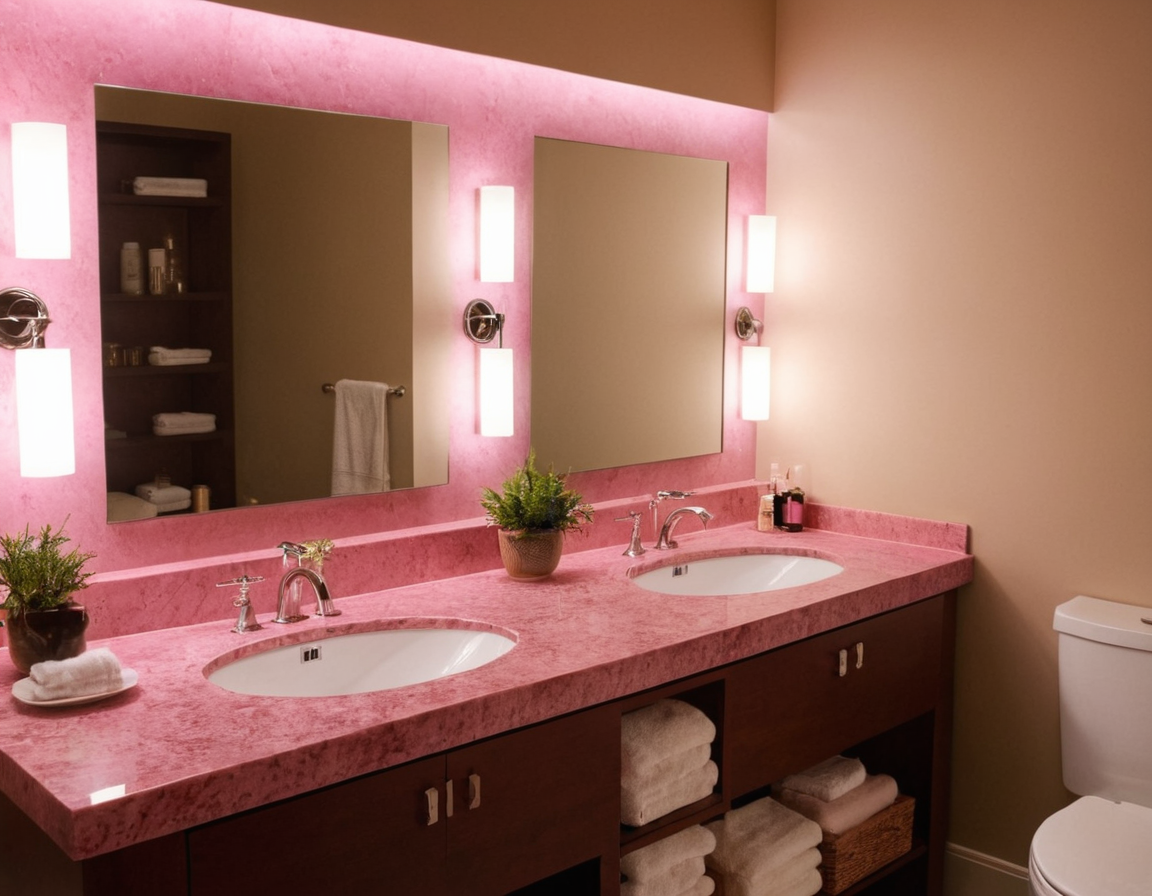 Столешница из розового искусственного камня в ванной комнате