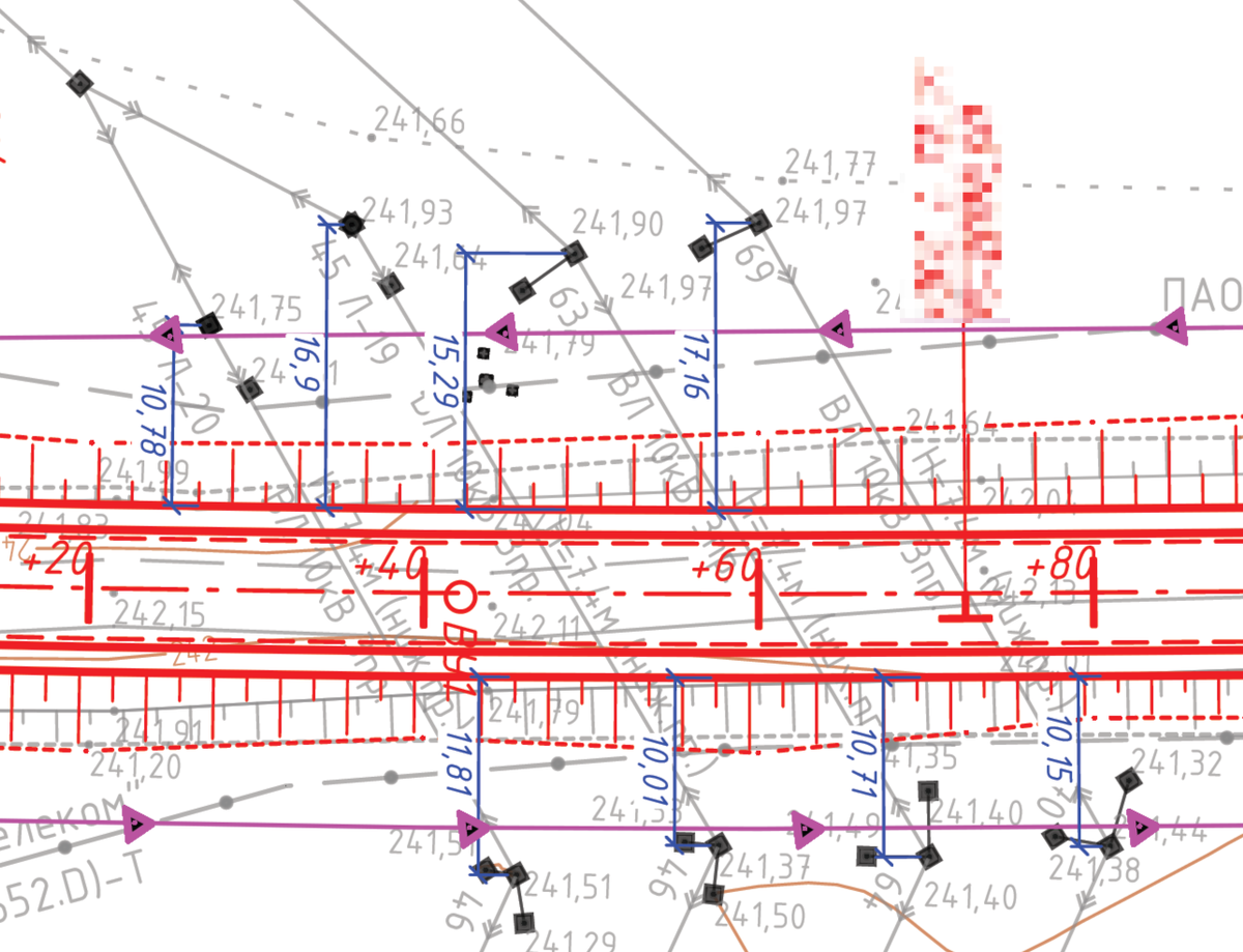 Пересечение проектируемой дороги с линиями ВЛ. Картинка из рассматриваемого объекта, объект обезличен.