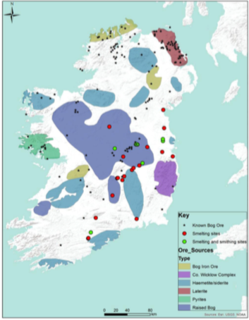 Руды железа на территории Ирландии. Большая синяя клякса - торфяные болота, в которых железо накапливается в промышленных количествах. Зелёные точки - места расположения плавильных площадок.