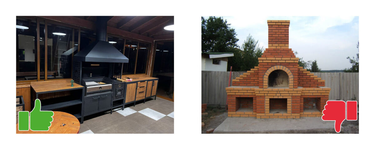 Многие любители гриль-культуры встают перед вопросом: отдать предпочтение кирпичному мангальному комплексу или же выбрать металл.  
Преимуществами кирпичного мангала считаются: прочность и долговечность, а также равномерное распределение тепла. К недостаткам относят малую мобильность и сложный монтаж. К спорным моментам можно отнести эстетический аспект — для одних кирпич выглядит привлекательно, для других совсем не вписывается в дизайн-код домашнего участка. 

Преимущества металлического мангала: портативность, внешний вид и легкий монтаж. Металлические мангалы обычно более легки и портативны. К недостаткам относят менее равномерное распределение тепла. Считается, что металлический мангал может неравномерно распределять тепло, что может привести к пережариванию некоторых участков продуктов.

Также, сравнивая кирпичный мангал с металлическим мангальным комплексом, можно выделить еще одно преимущество в пользу металла — металлическая гриль-зона изготавливается на заводе, и ее монтаж занимает всего один день, в отличие от кирпичного мангала, который собирают прямо на участке заказчика в течение длительного времени, нарушая покой покупателя.

Как эксперты в области изготовления гриль-зон, отметим, что технически правильно изготовленный металлический мангальный комплекс будет лишен всех общепринятых недостатков. В мангальных комплексах, изготовленных нашей компанией, тепло распределяется гармонично, долговечность подтверждается пожизненной гарантией, а современный внешний вид позволяет органично вписаться в любой дизайн-проект дома.

Соотнеся все за и против, мы рекомендуем к приобретению именно металлические комплексы. Наша компания, опираясь на многолетний опыт, убеждена, что металл по совокупности параметров превосходит кирпичные аналоги.