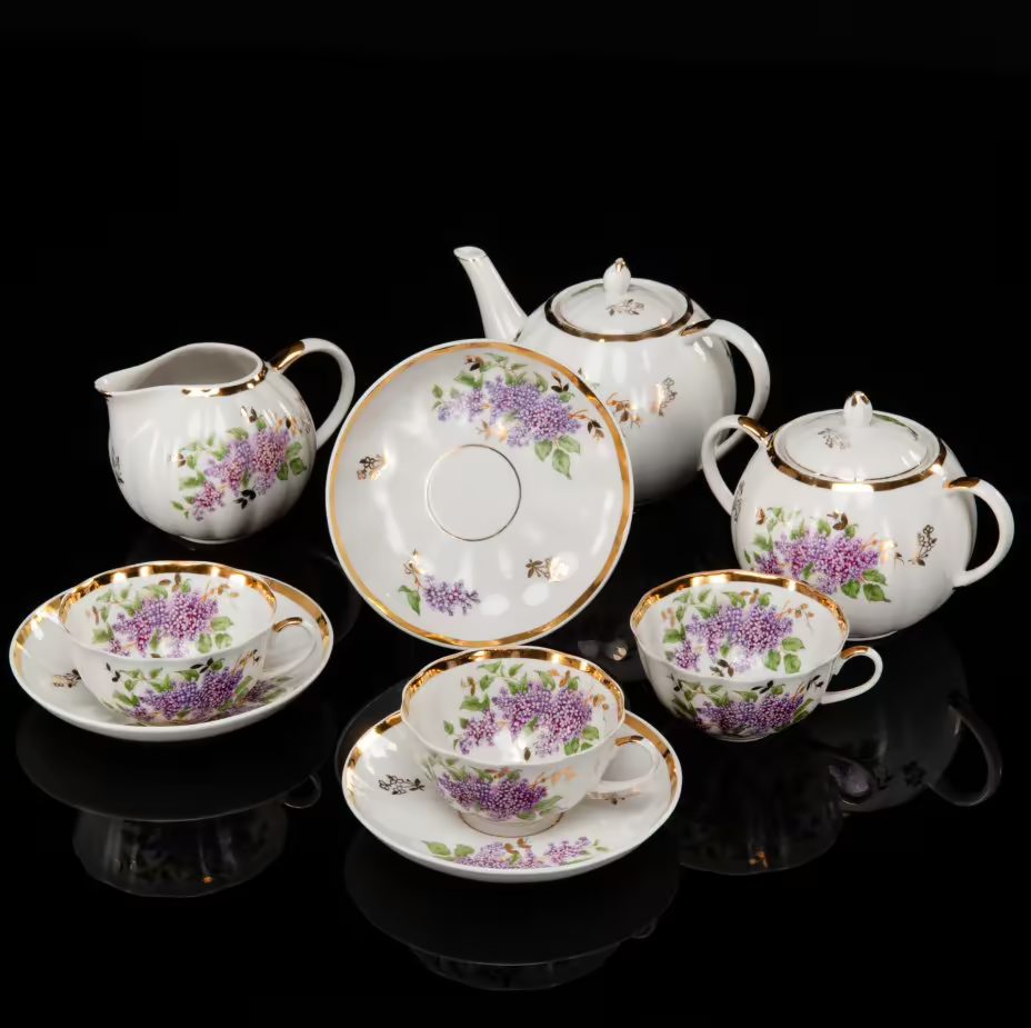 Сервиз чайный на 3 персоны "Сирень" (9 предметов), фарфор, деколь, золочение, Дулевский фарфоровый завод (Дулёво), СССР, 1966 г.