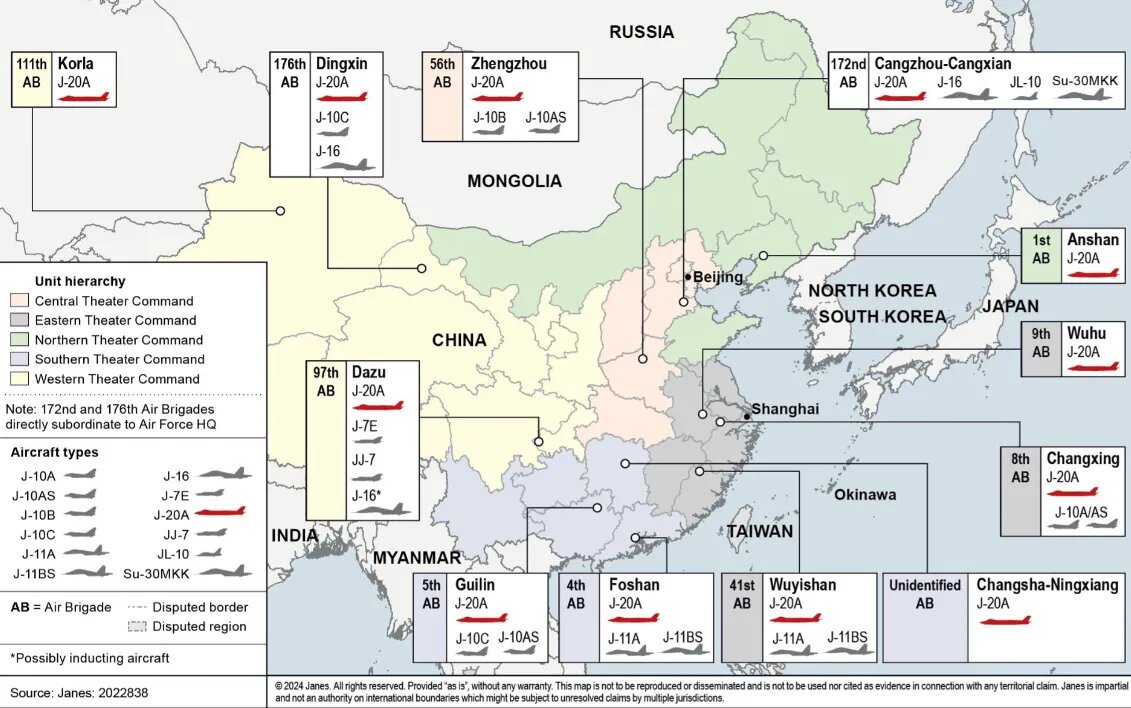    На карте показаны все 12 известных авиабригад НОАК, оснащённых истребителями-невидимками Chengdu J-20. © Janes