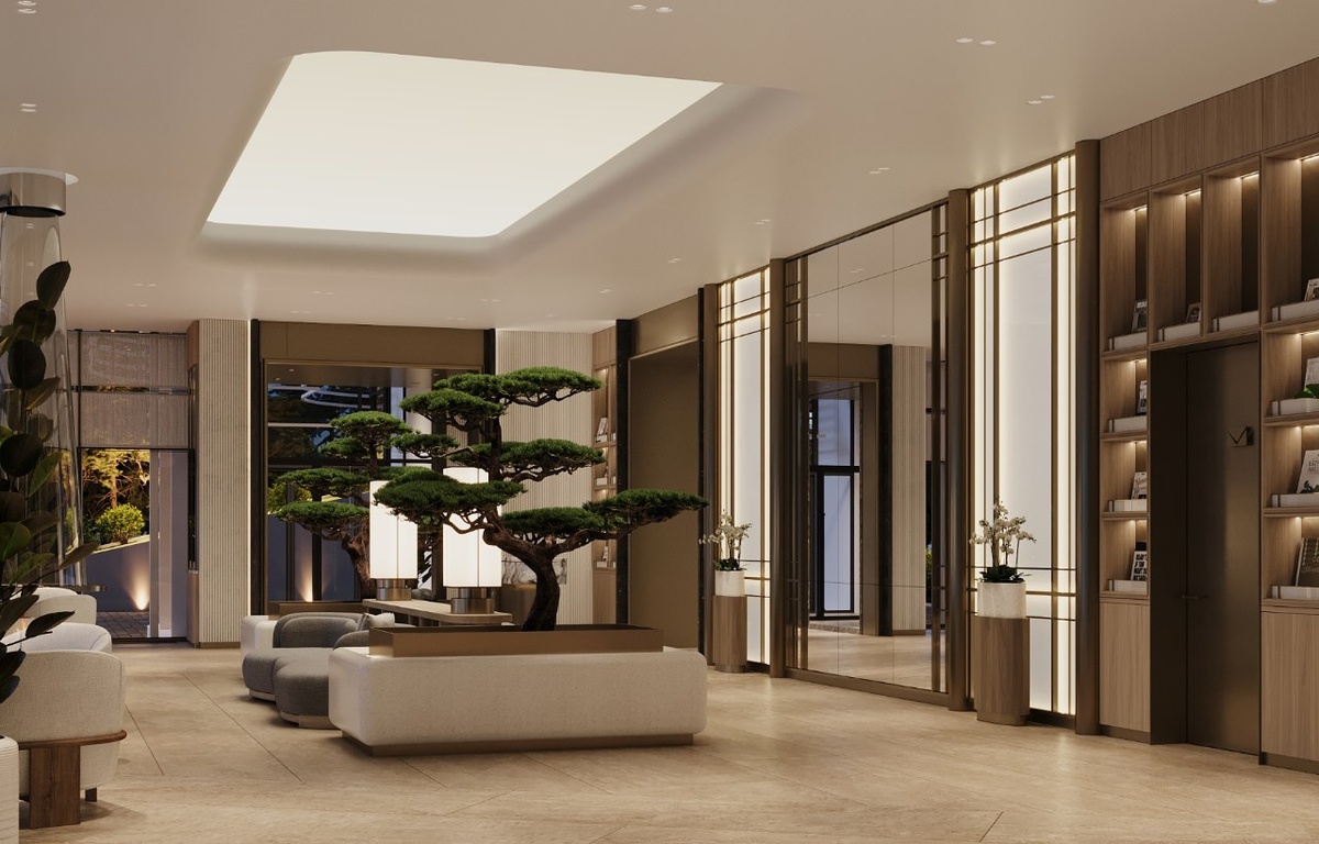 Лобби с библиотекой в жилом проекте Stories. Фото: OCTOBER GROUP