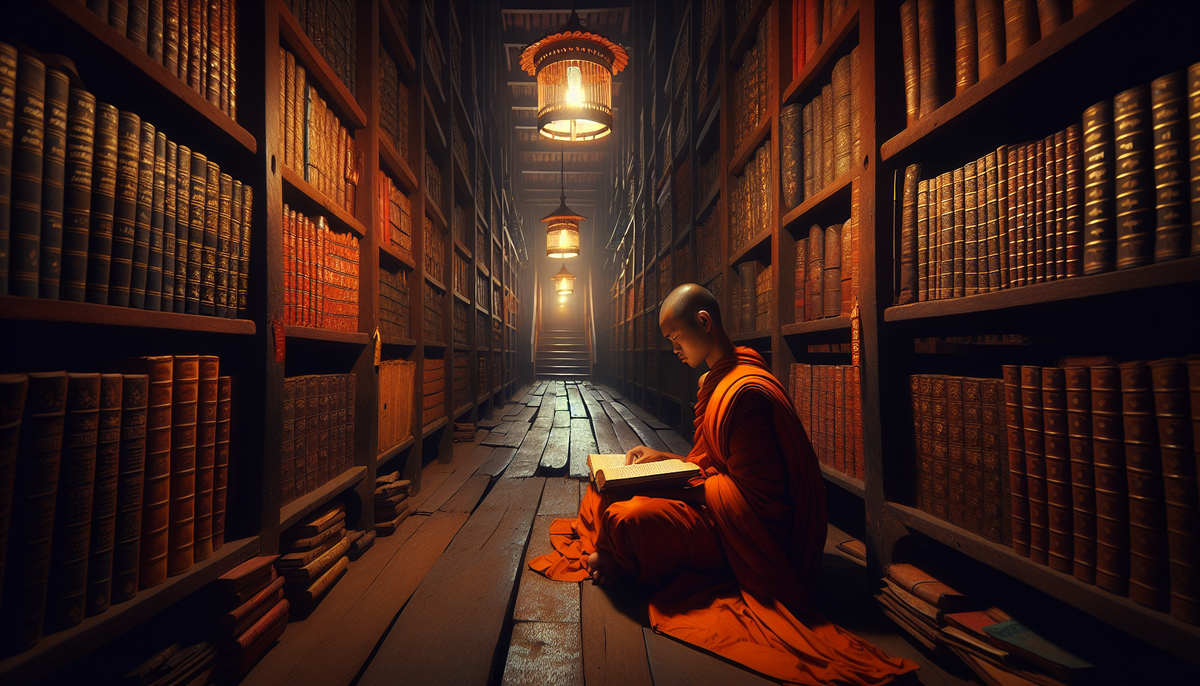 Молодой Лама в буддийской библиотеке. Качество фотографии улучшено нейросетями.