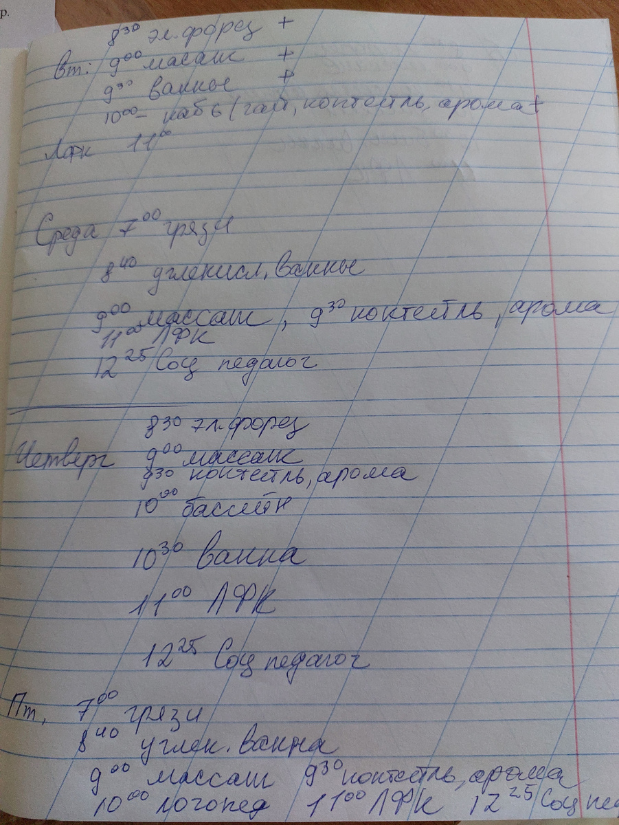 Расписание процедур на неделю. Суббота на другой странице.