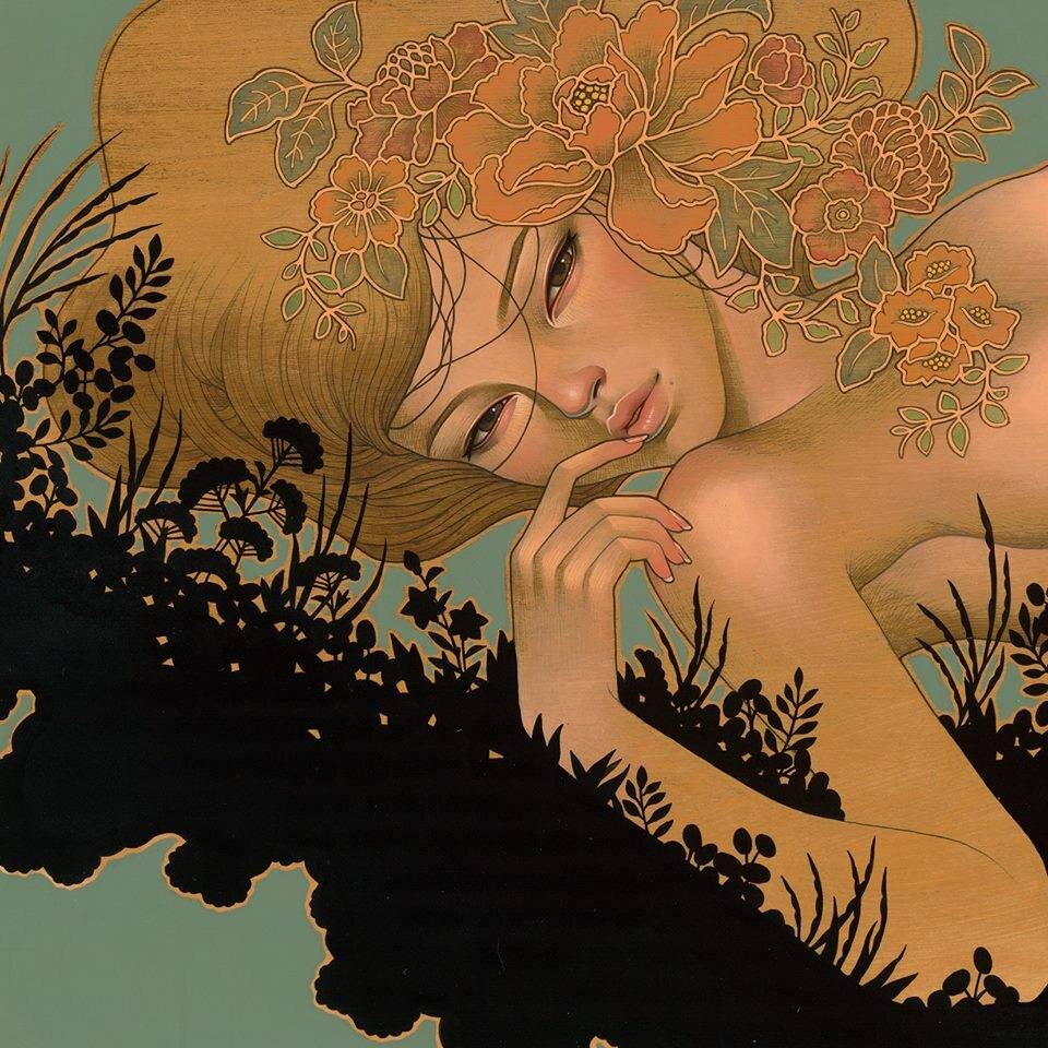 ФРАГМЕНТ КАРТИНЫ художницы Одри Кавасаки /  Audrey Kawasaki под названием " Ропот 36 x 20 дюймов, масло, акрил и графит на деревянной панели. 2014 год