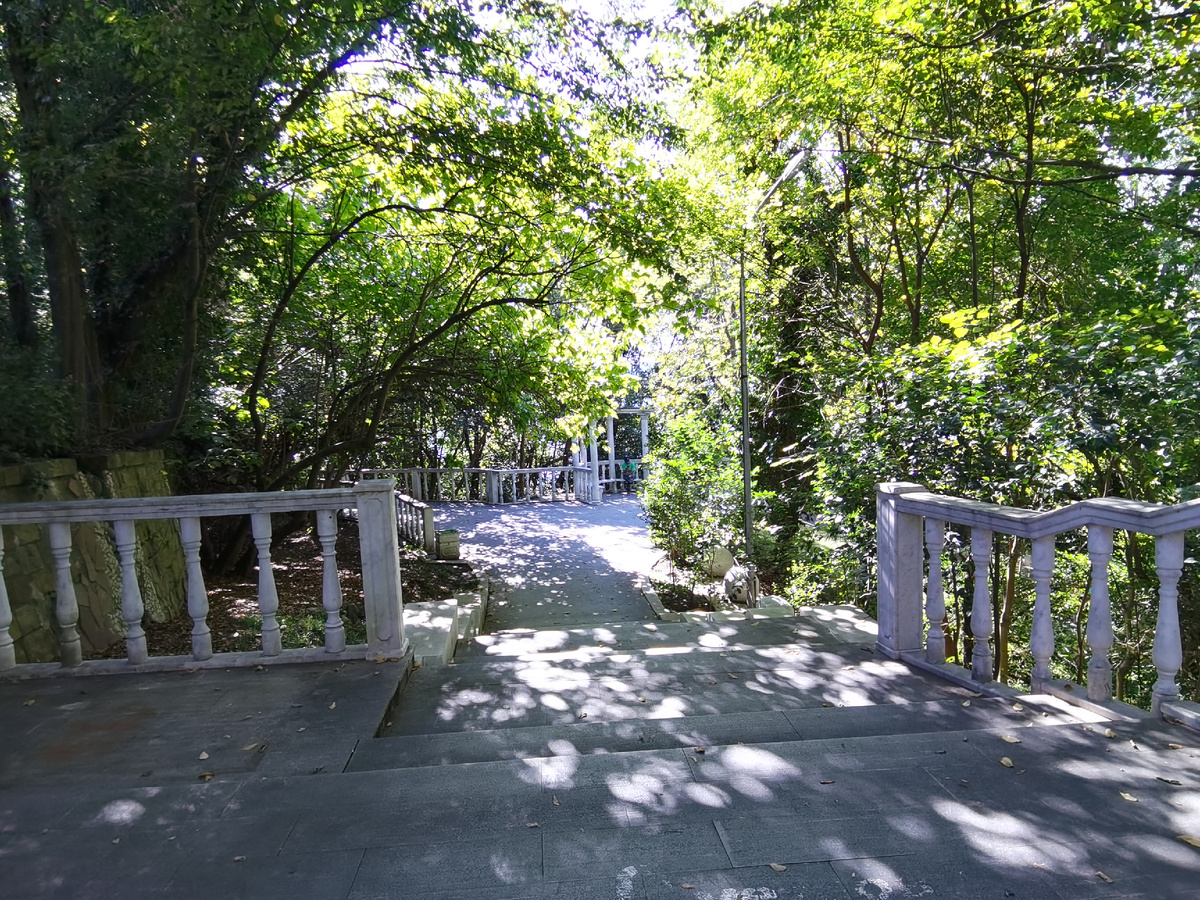 Колоннада - вон она, впереди под сенью зелени. Мы только что пришли слева и сейчас пойдём направо, которое отсюда не видно )