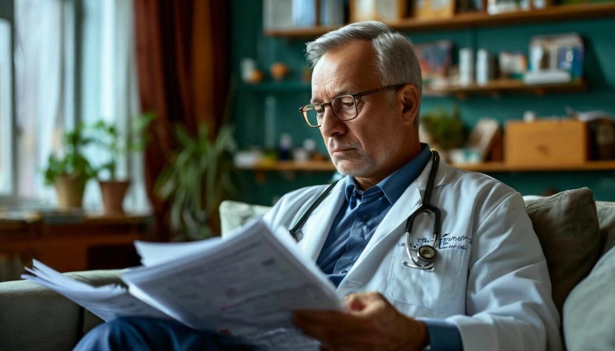 Председатель врачебной комиссии изучает историю болезни 