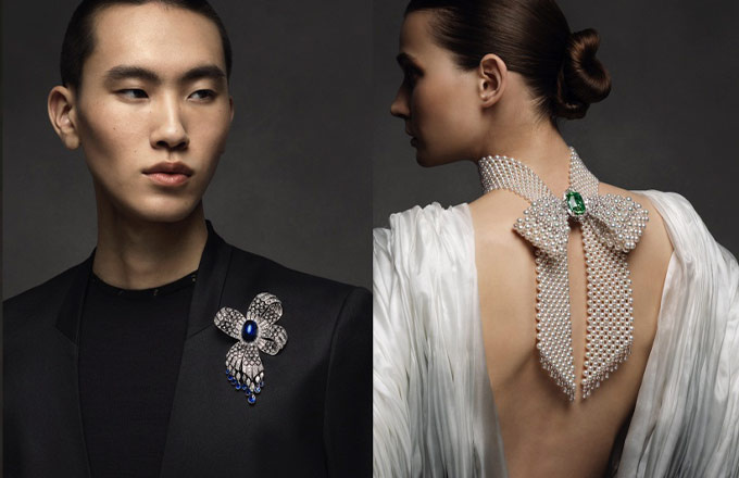 Украшения Mikimoto оригинально сочетаются с одеждой.