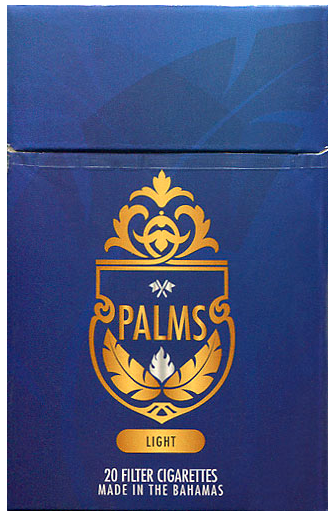 "Palms" Light. Багамы, конец 2010 года. 20 штук с фильтром в боксе и в целлофане. Производитель: "Caribbean Tobacco Enterprises Ltd.". Владелец торговой марки: "Caribbean Tobacco Enterprises Ltd.".