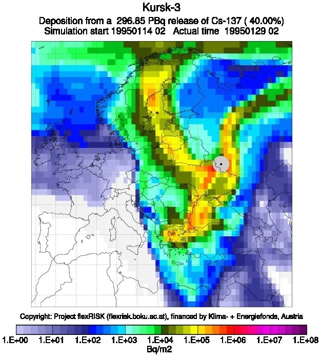    Фото: симуляция возможного разброса радиоактивных частиц в результате инцидента на Курской АЭС
