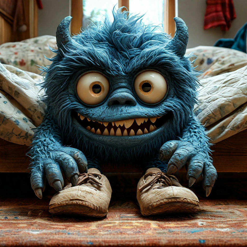 Забавный подкроватный монстр высовывает лапу из под кровати, чтобы утащить тапочки. Шедеврум сделал.