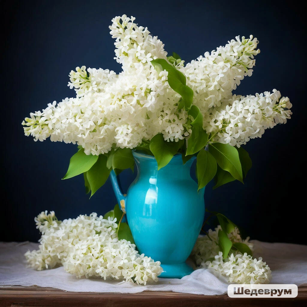 Белая сирень в голубой вазе