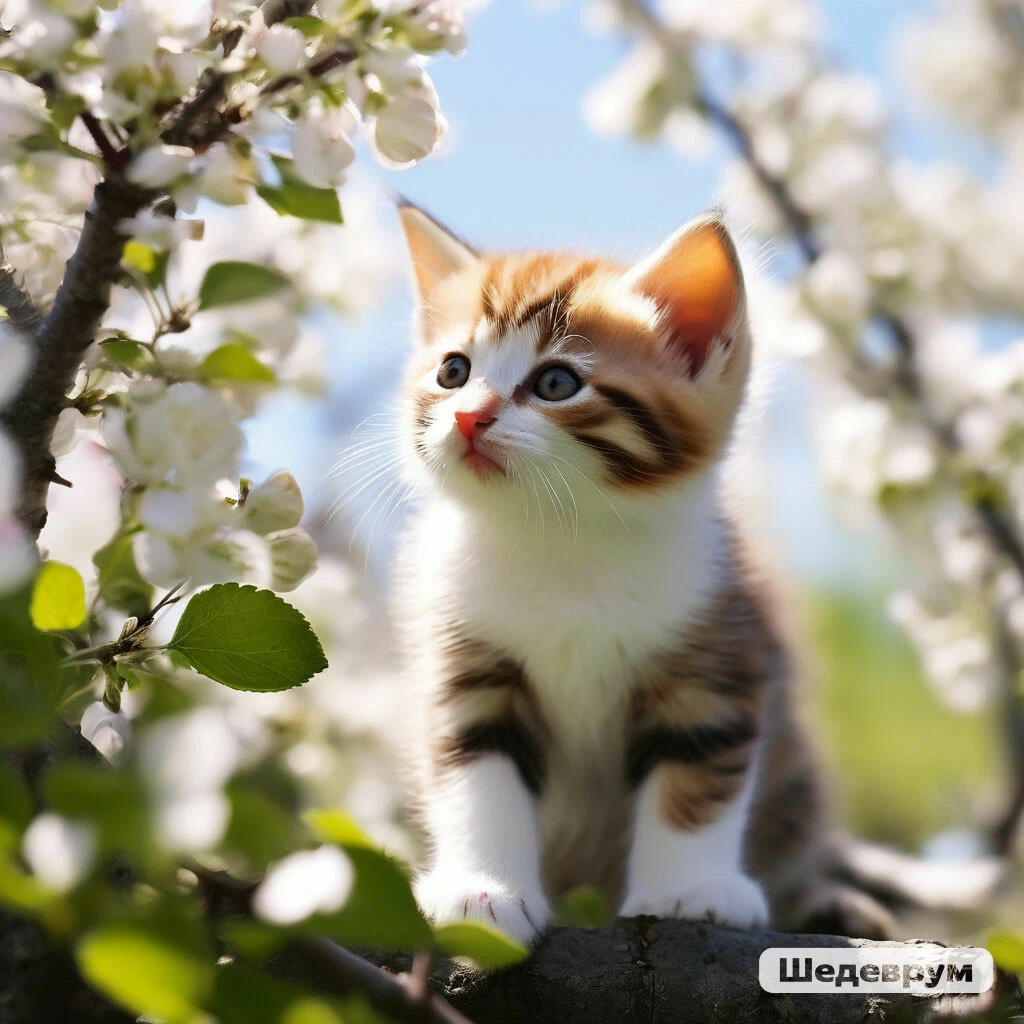 Котёнок среди цветущей яблони