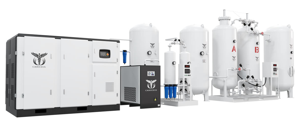 На фото: Генератор кислорода CADUCEUS OXYCAD в составе высокопроизводительного адсорбционного комплекса для выработки «кислородом обогащенного воздуха» с концентрацией кислорода 93-95%.
