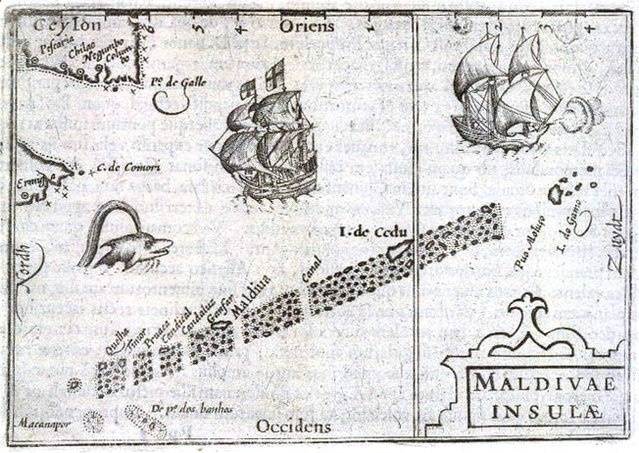 Старинная карта Мальдив, созданная Бертиусом в 1589 году нашей эры. Выпущена в Миддлбурге, Нидерланды. Эта версия была опубликована в 1602 году на латыни. Фото является общественным достоянием.