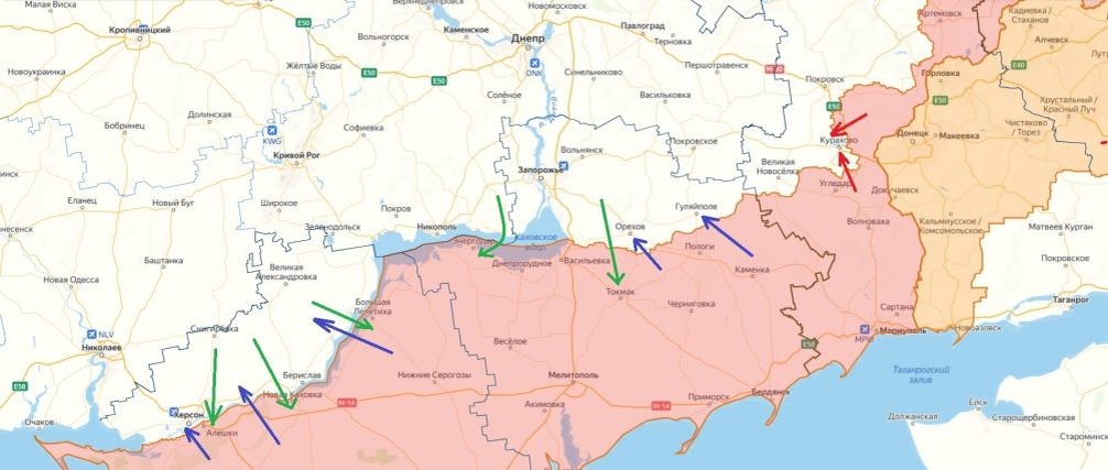    Карта СВО. Окружение Курахово в ДНР и обстрелы в Запорожской и Херсонской областях.