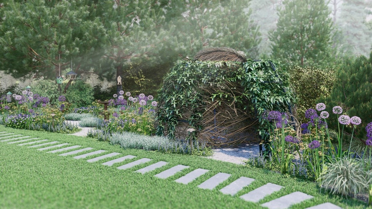 Визуализация к проекту ландшафтного дизайна. Игровая зона для девочки - домик лесного жителя.