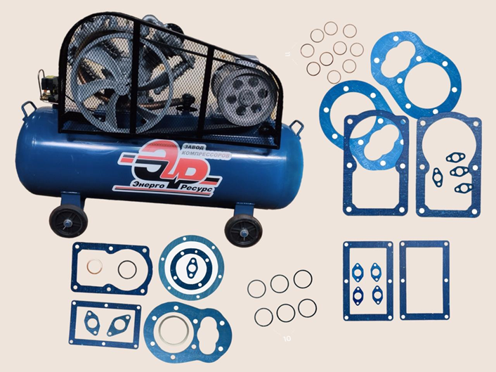 Рис. 1. Компрессор LT-100 (ЛТ-100) торговой марки «ЭнергоРесурс» и прокладки к нему. 