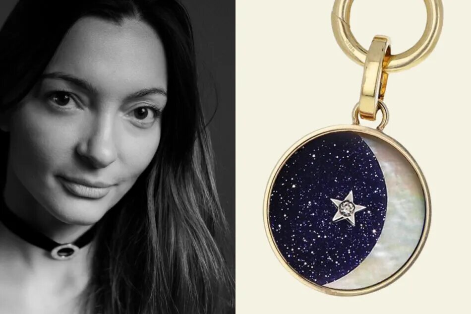 Слева: Анна Маккьери Росси работала в Cartier и Jaeger-LeCoultre, прежде чем запустить собственный бренд. Справа: подвеска Maccieri Rossi из 18-каратного желтого золота, синего авантюрина и бриллиантов , 2021 г.
