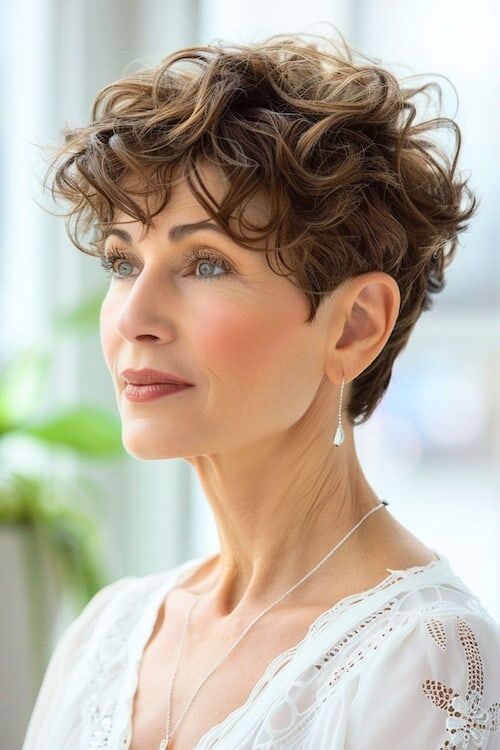 Кудрявая коричневая стрижка пикси для женщин в возрасте 60 лет.