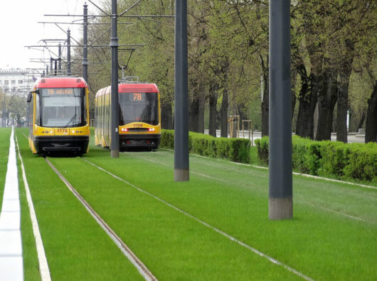    обособленные газоном трамвайные пути в Варшаве // фото: fototelegraf.ru