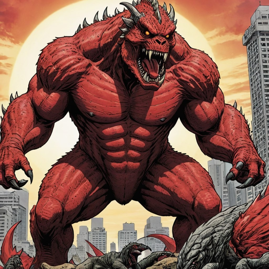 Страница 1: Заголовок (На фоне разрушенного города, огонь и дым)
"Монстр против Красной Годзилы"

Страница 2: Введение
(Кадр показывает Монстра, величественно стоящего на вершине холма)
Нарратив: В мире, где монстры правят, настало время решающего боя...

Страница 3: Противостояние
(На следующем кадре появляется Красная Годзила, раскрывшая пасть в ярком рыке)
Нарратив: Красная Годзила – ужасный враг, спящий веками, пробудился, чтобы wreak havoc!

Страница 4: Первое столкновение
(Монстр и Красная Годзила встречаются на разрушенной улице, глаза полны решимости)
Монстр (мысленно): Я не могу допустить, чтобы этот монстр уничтожил наш город!

Страница 5: Битва начинается
(Кадры с динамичными боями: удар лапы, огненное дыхание, разрушенные здания)
Нарратив: Битва разгорелась с неимоверной силой, каждое движение могло решить судьбу человечества!

Страница 6: Критический момент
(Монстр получает сильный удар, падает на землю)
Монстр (мысленно): Не время сдаваться!

Страница 7: Объединение сил
(На фоне друзей и людей, которые поддерживают Монстра)
Нарратив: Сила единства – вот что управляет истинными героями.

Страница 8: Финальная атака
(Монстр поднимается с новой энергией, собирая всю свою силу для решающего удара)
Монстр (вслух): За наш город!

Страница 9: Победа!
(Сцена, где Красная Годзила отступает, а Монстр стоит, гордо подняв голову)
Нарратив: Сегодня мы победили, но на горизонте всегда могут появиться новые угрозы…

Страница 10: Заключение
(Монстр смотрит на своих друзей и разрушенный город)
Монстр (мысленно): Мы должны быть готовы. Это только начало...

Конец