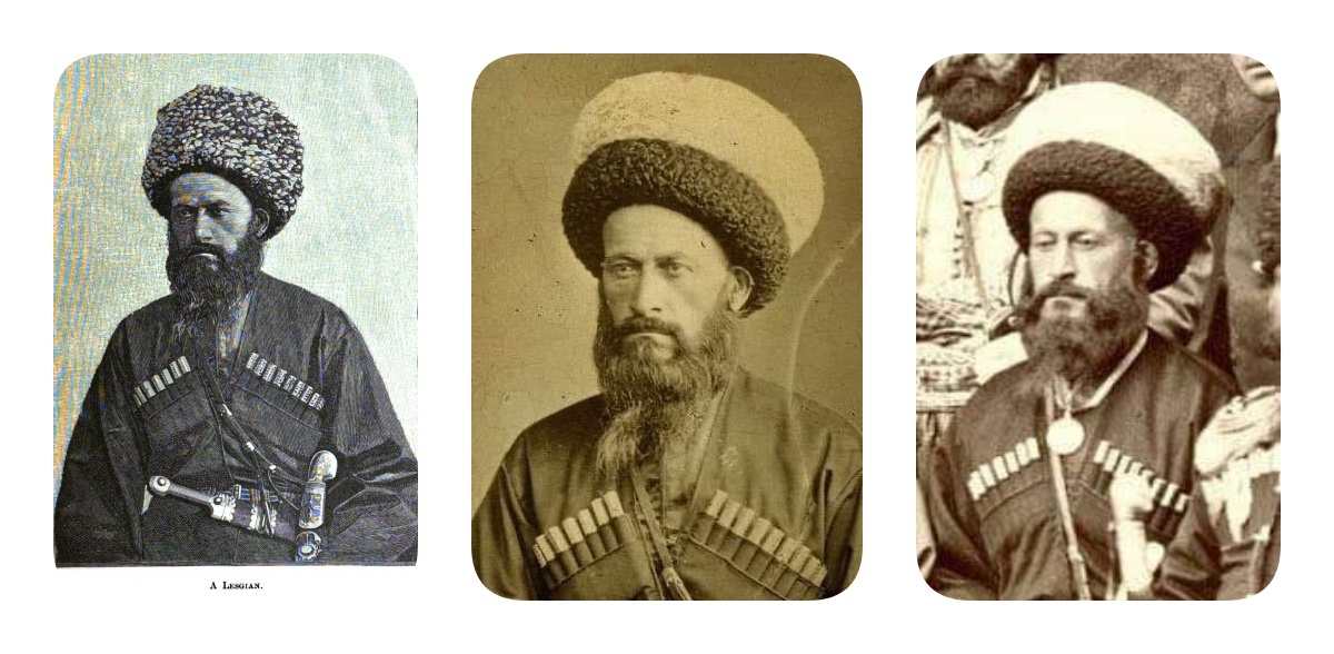 На фото: Коллаж из трёх фотографий: 1-е фото – «A Lesgian» [«Лезгин»] из альбома Джона Аберкромби [анг. John Abercromby], 1889 г.; 2-е фото – «Аварец Хаджи-Ахмад»; 3-е фото [фрагмент] – Ахмад-хаджжи в групповом фото представителей Кавказа, делегированных на торжества коронации императора Александра III, г. Москва, от 22 мая 1883 г. из РГБ. 