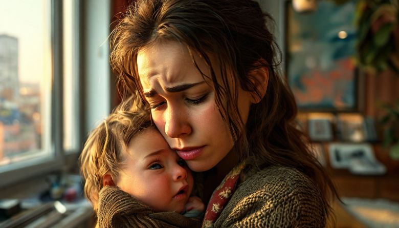 На фоне современной городской квартиры, молодая женщина держит на руках ребенка и смотрит с тревогой и слезами.