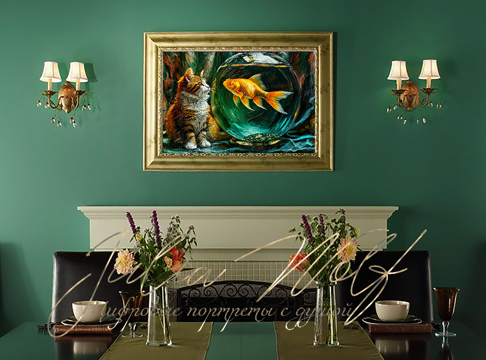 Интерьерная картина "Золотая рыбка и кошка" от художницы Джулия Вульф